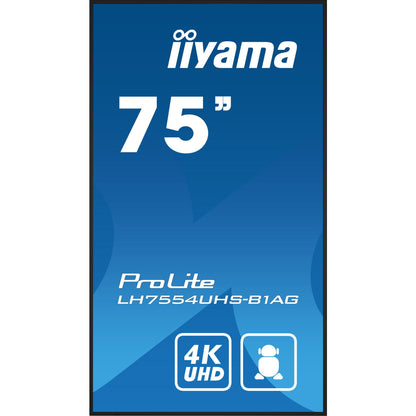 Dark Cyan Iiyama ProLite LH7554UHS-B1AG 75" 4K UHD Digital Signage 24/7 display with Android OS, FailOver & Intel® SDM slot